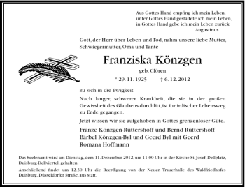 Todesanzeige von Franziska Könzgen von Rheinische Post