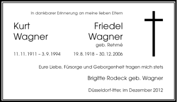 Todesanzeige von Kurt Friedel Wagner Wagner von Rheinische Post