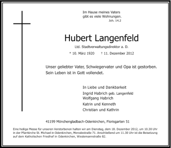 Todesanzeige von Hubert Langenfeld von Rheinische Post