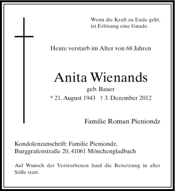 Todesanzeige von Anita Wienands von Rheinische Post