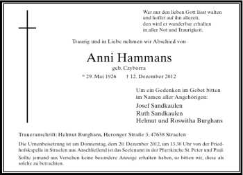 Todesanzeige von Anni Hammans von Rheinische Post