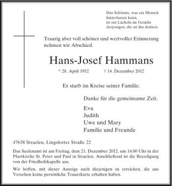 Todesanzeige von Hans-Josef Hammans von Rheinische Post