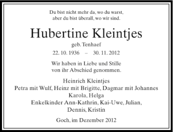 Todesanzeige von Kleintjes Hubertine von Rheinische Post