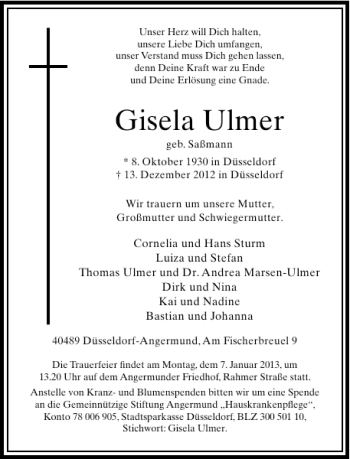 Todesanzeige von Gisela Ulmer von Rheinische Post