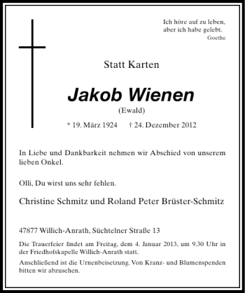 Todesanzeige von Jakob Wienen von Rheinische Post