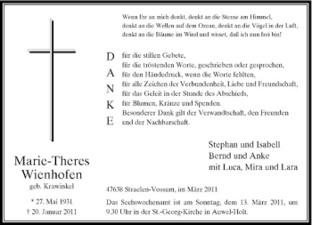 Todesanzeige von Marie-Theres Wienhofen von Rheinische Post