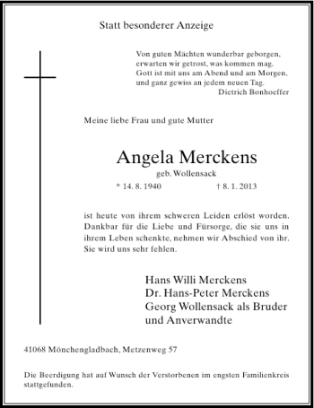 Todesanzeige von Angela Merckens von Rheinische Post