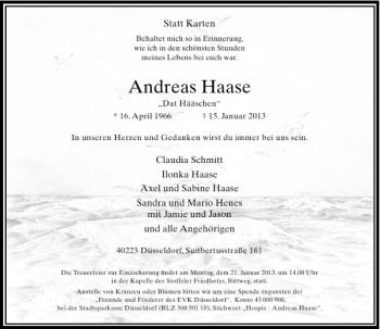 Todesanzeige von Andreas Haase von Rheinische Post