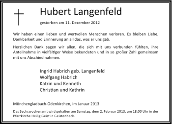 Todesanzeige von Hubert Langenfeld von Rheinische Post