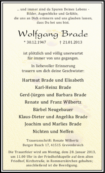 Todesanzeige von Wolfgang Bade von Rheinische Post