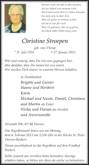 Todesanzeige von Christine Stroepen von Rheinische Post