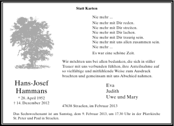 Todesanzeige von Hans-Josef Hammans von Rheinische Post