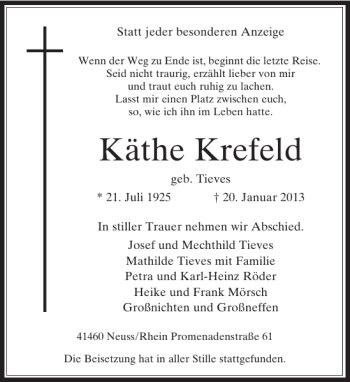 Todesanzeige von Käthe Krefeld von Rheinische Post