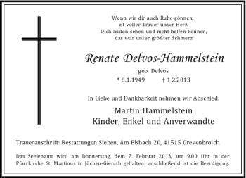 Todesanzeige von Renate Delvos-Hammelstein von Rheinische Post