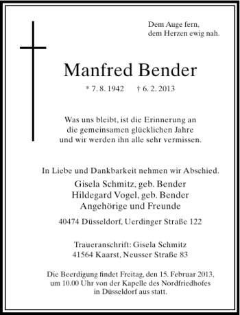 Todesanzeige von Bender Manfred von Rheinische Post