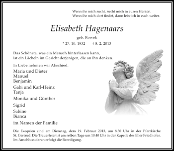 Todesanzeige von Elisabeth Hagenaars von Rheinische Post