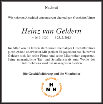 Todesanzeige von Heinz van Geldern von Rheinische Post