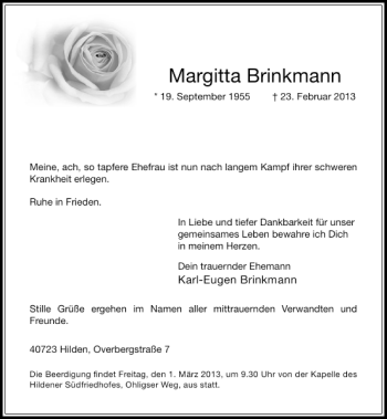 Todesanzeige von Brinkmann Margitta von Rheinische Post