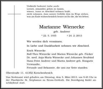 Todesanzeige von Marianne Wienecke von Rheinische Post