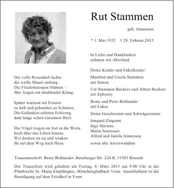 Todesanzeige von Rut Stammen von Rheinische Post