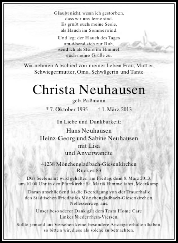 Todesanzeige von Christa Neuhausen von Rheinische Post
