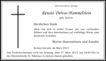 Todesanzeige von Renate Delvos-Hammelstein von Rheinische Post