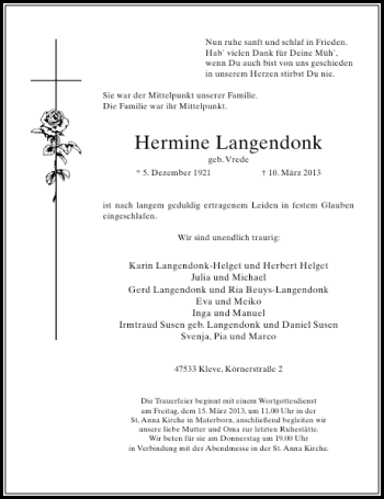 Todesanzeige von Hermine Langendonk von Rheinische Post