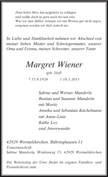 Todesanzeige von Margret Wiener von Rheinische Post