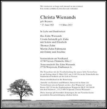 Todesanzeige von Christa Wienands von Rheinische Post