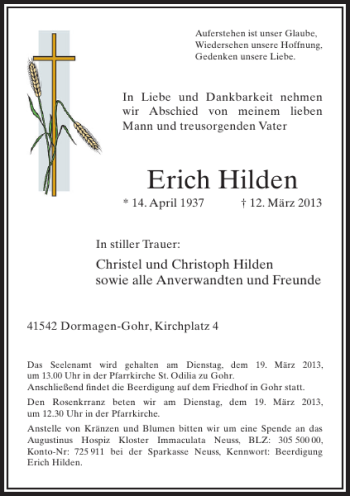 Todesanzeige von Erich Hilden von Rheinische Post