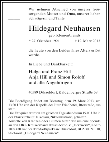 Todesanzeige von Hildegard Neuhausen von Rheinische Post
