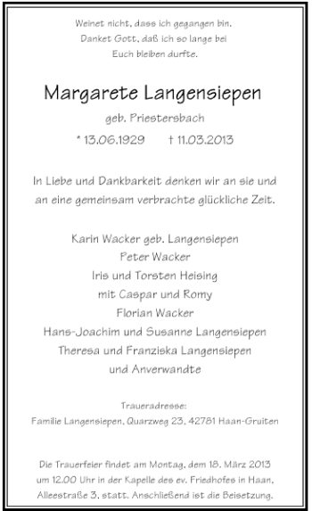 Todesanzeige von Margarete Langensiepen von Rheinische Post
