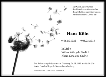 Todesanzeige von Hans Köln von Rheinische Post
