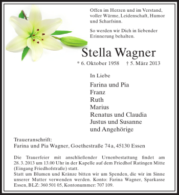 Todesanzeige von Wagner Stella von Rheinische Post