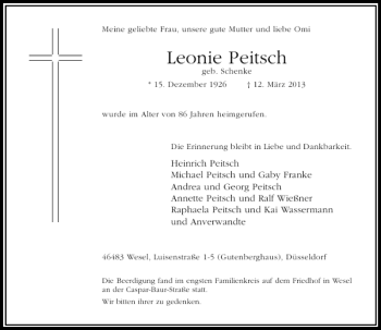 Todesanzeige von Leonie Peitsch von Rheinische Post