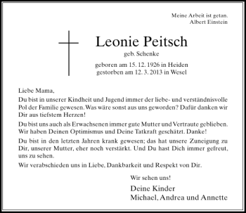 Todesanzeige von Leonie Peitsch von Rheinische Post
