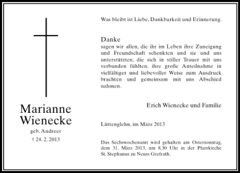 Todesanzeige von Marianne Wienecke von Rheinische Post