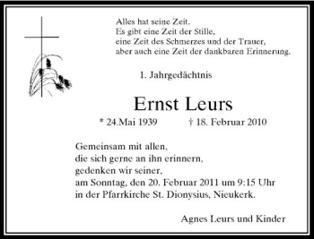 Todesanzeige von Alles hat seine Zeit. Es gibt eine Zeit der Stille aber auch eine Zeit der dankbaren Erinnerung. 1. Jahrgedächtnis von Rheinische Post