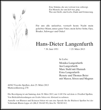 Todesanzeige von Hans-Dieter Langenfurth von Rheinische Post