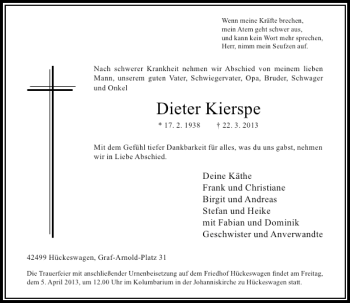 Todesanzeige von Dieter Kierspe von Rheinische Post