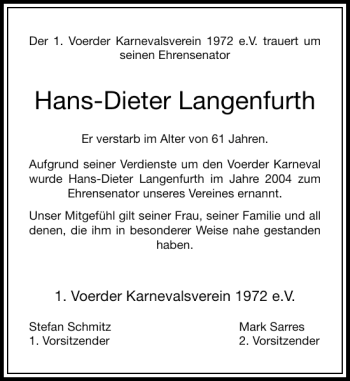 Todesanzeige von Hans-Dieter Langenfurth von Rheinische Post