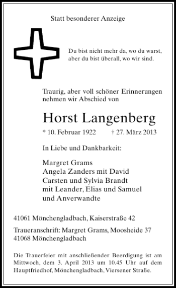 Todesanzeige von Horst Langenberg von Rheinische Post