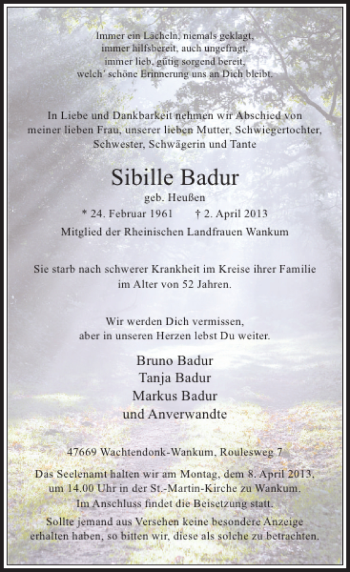 Todesanzeige von Sibille Badur von Rheinische Post
