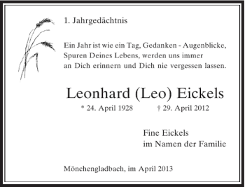 Todesanzeige von Leonhard Leo Eickels von Rheinische Post