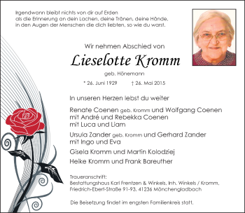 Todesanzeige von Lieselotte Kromm von Rheinische Post