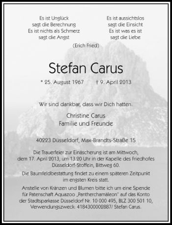 Todesanzeige von Stefan Carus von Rheinische Post
