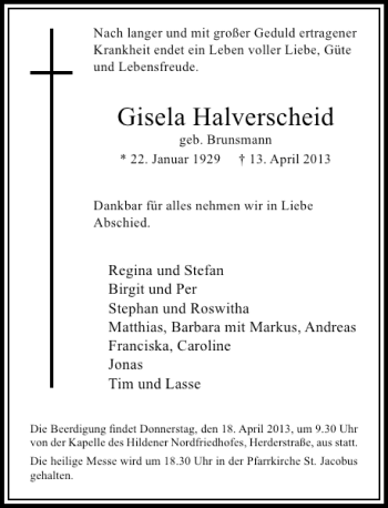 Todesanzeige von Gisela Halverscheid von Rheinische Post