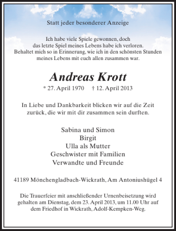 Todesanzeige von Andreas Krott von Rheinische Post