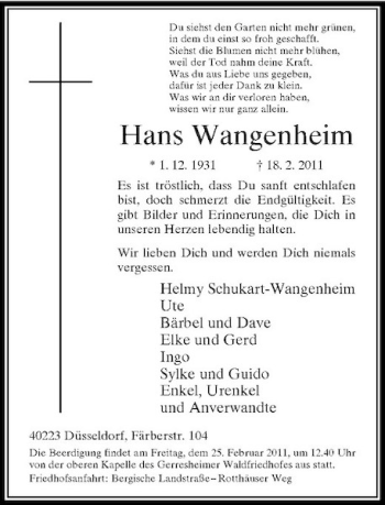 Todesanzeige von Hans Wangenheim von Rheinische Post