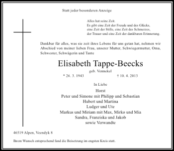 Todesanzeige von Tappe-Beecks Elisabeth von Rheinische Post